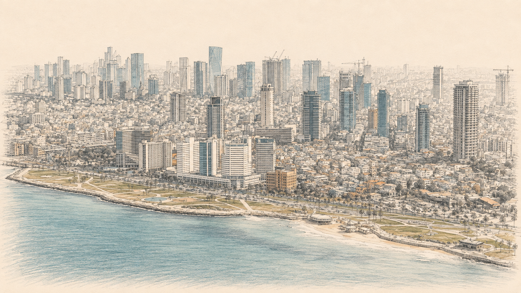 שרטוט עיפרון של קו הרקיע של תל אביב והים