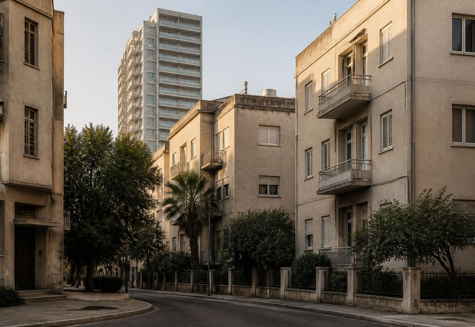 רחוב מגורים בגבעתיים עם מגדל חדש ברקע